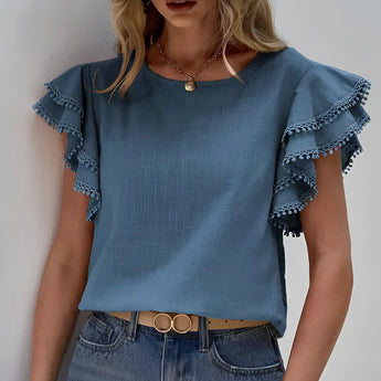 Women's ocean blue ruffle sleeve blouse in size 2XL with tassels, showcasing shoulder and neck detailing, designed as a chic summer top.