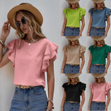 Women's pink ruffle sleeve blouse with tassels, featuring a chic summer design.