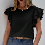 Women's black ruffle sleeve blouse in size 2XL featuring chic summer style with detailed ruffles on the shoulders and tassels, designed for a stylish and fashionable look.