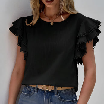 Women's black ruffle sleeve blouse in size 2XL featuring chic summer style with detailed ruffles on the shoulders and tassels, designed for a stylish and fashionable look.