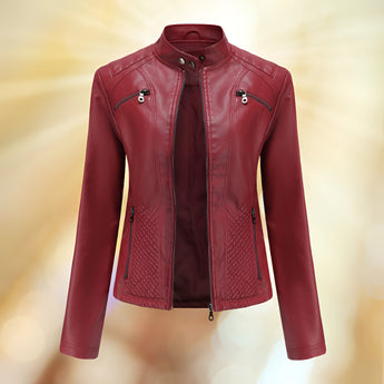 
Alt Text: Women's red slim fit leather biker jacket in size XXXL featuring a stylish collar and long sleeves, perfect for spring outerwear.
