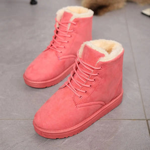 Women's pink suede fleece-lined winter boots designed for warmth and style, showcasing a magenta hue with ankle-length height, suitable for outdoor activities and sportswear fashion.