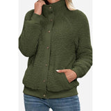 Women's army green teddy fleece jacket in XL size, featuring a cozy soft sherpa texture, zip-up front, and a plush collar.