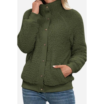 Women's army green teddy fleece jacket in XL size, featuring a cozy soft sherpa texture, zip-up front, and a plush collar.