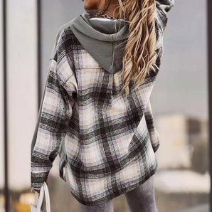 Women's grey plaid layered hoodie featuring a tartan pattern with a dress shirt-style collar and long sleeves, showcasing a casual autumn fashion look.