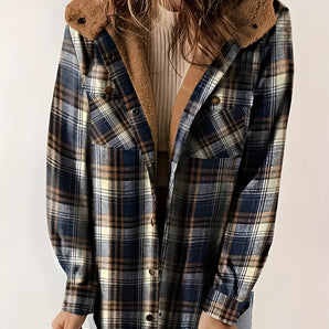 Women's plaid wool blend jacket featuring a grey tartan pattern, sherpa collar, button-up front, and long sleeves.