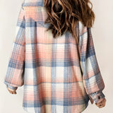 
A women's plaid wool blend jacket featuring a sherpa collar and a button-up front, displayed with long sleeves and a stylish tartan pattern.