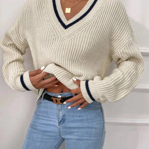 Women's Preppy V-Neck Ribbed Knit Cream Sweater Navy Trim