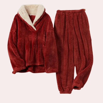 Women's purple fleece pajama set featuring a plush hoodie loungewear design with long sleeves and a cozy fleece texture in a red color variant, size 2XL.