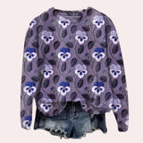 Purple floral embroidered crewneck sweater for women in size XL, featuring long sleeves and intricate flower patterns.