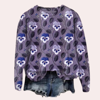 Purple floral embroidered crewneck sweater for women in size XL, featuring long sleeves and intricate flower patterns.