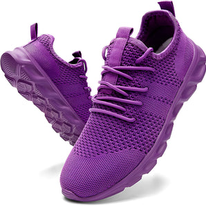 Purple lightweight women's running shoes with a breathable textile design, shock-absorbing sole, and outdoor-friendly features.