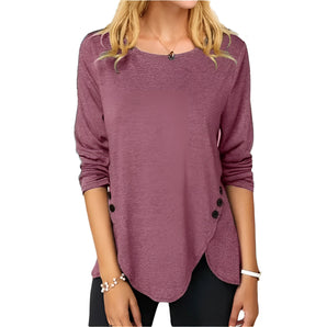 Women's burgundy long-sleeve tunic with button detail, casual loose fit, XXXL, shown on a mannequin.