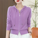 A luxurious women's red cashmere hooded zip-up sweater, designed for winter fashion. The sweater is shown in a Viola shade, size 4XL, featuring long sleeves and a comfortable fit around the neck and waist.