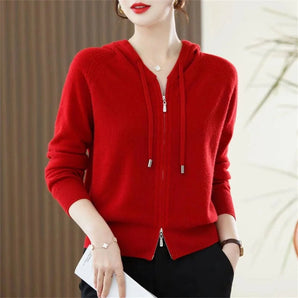 Women's red cashmere hooded zip-up sweater in size 4XL, featuring long sleeves and a cozy fit, ideal for luxury winter fashion.