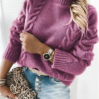 Women's purple chunky turtleneck sweater in 3XL, featuring long sleeves and a cozy knit texture, perfect for fall and winter fashion.