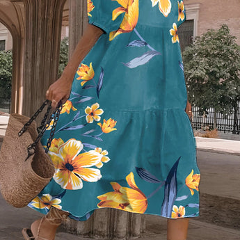 Women's red floral midi dress with a V-neck design, shown in green color for size 3XL, featuring a casual beachwear style with a vibrant pattern.