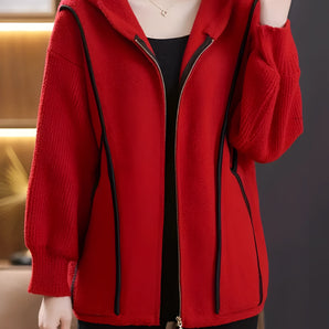 Women's Red Hooded Zip-Up Jacket in XL - Relaxed Fit, Warm Outerwear with Long Sleeves and Collar