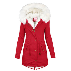 
A women's red insulated parka with a faux fur hood, featuring long sleeves and a stylish, fashion-forward design. The coat is shown in a 5XL size, highlighting its warm, winter-friendly construction and vibrant red color.