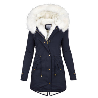 Women's blue insulated parka with faux fur hood, featuring a stylish design with long sleeves and button details, ideal for winter fashion.