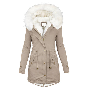 Beige women's insulated parka with faux fur hood, featuring long sleeves and a stylish collar, in a 5XL size.