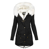 Women's black insulated parka with a faux fur hood, featuring long sleeves and a stylish design suitable for winter wear.