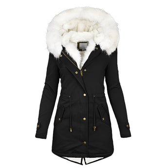 Women's black insulated parka with a faux fur hood, featuring long sleeves and a stylish design suitable for winter wear.