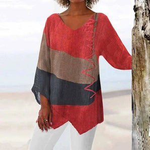 Women's red linen V-neck tunic with asymmetric design, featuring long sleeves and a relaxed fit, suitable for bohemian beachwear in size 5XL.