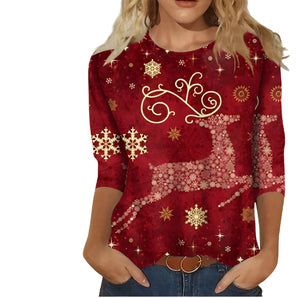 Women's red reindeer Christmas sweater with festive holiday design, featuring long sleeves and a comfortable fit, shown in size 5XL.