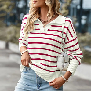 Women's red and white striped V-neck sweater in XL size, featuring long sleeves and a comfortable fit, styled as a fall fashion pullover.