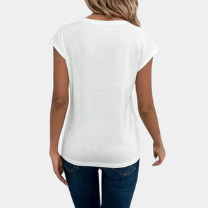 Women's relaxed scoop neck white t-shirt with casual short sleeves, featuring a comfortable fit around the neck and shoulders.