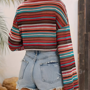 Women's retro striped knit crop top featuring a colorful bohemian design with long sleeves, a crew neck, and a form-fitting waistline.