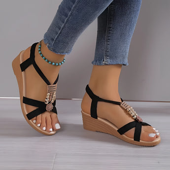 Women's Rhinestone Wedge Sandals in Chic Black, featuring high heels, an open-toe design, and stylish summer fashion.