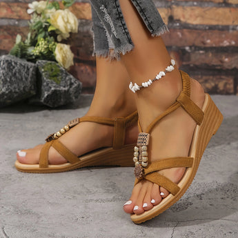 Women's Rhinestone Wedge Sandals in Chic Black featuring dazzling rhinestones and a stylish wedge heel, perfect for summer fashion.