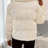 Women's ribbed high collar white insulated puffer jacket showcasing its design with a high neck, long sleeves, and quilted texture, highlighting the shoulder and waist areas.