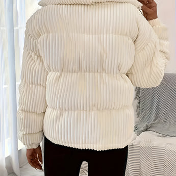 Women's ribbed high collar white insulated puffer jacket showcasing its design with a high neck, long sleeves, and quilted texture, highlighting the shoulder and waist areas.