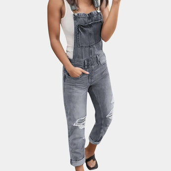 Women's gray 3XL ripped denim overalls jumpsuit with adjustable straps, featuring a fashion-forward design suitable for casual outerwear.