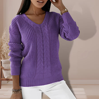 Purple women's chunky sweater with a V-neck design and cable knit pattern, size 2XL.