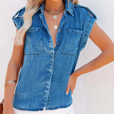 Women's sleeveless denim vest in blue with frayed edges, featuring a collar and pockets, suitable for outerwear.