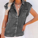Sleeveless gray denim vest for women featuring frayed edges and pockets, shown in the Nero color variant in size XL.