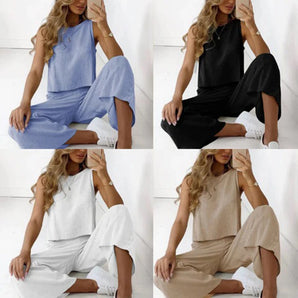Woman wearing a sleeveless linen jumpsuit set, suitable for casual summer outings, showcasing the jumpsuit's elegant design and comfortable fit.