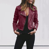 Slim fit black biker leather jacket with asymmetric zip, featuring a Bordeaux color variant, displayed in size 5XL. The jacket showcases details like a tailored shoulder fit, defined waist, stylish collar, and full-length sleeves.