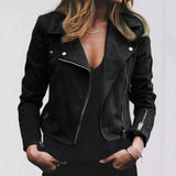 Women's slim fit black leather biker jacket with an asymmetric zip, featuring a stylish collar and full-length sleeves.
