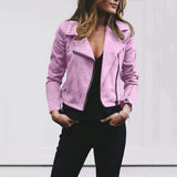 Women's slim fit black biker leather jacket with asymmetric zip, featuring long sleeves and a tailored fit around the waist and shoulders, shown in a 5XL size.