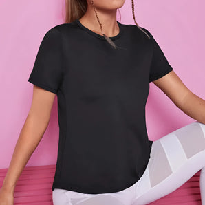 Women's slim fit black crew neck t-shirt showcasing its stylish and versatile design with short sleeves, suitable for casual wear.
