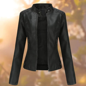 Women's slim fit black leather moto jacket in size 2XL, featuring a stylish and lightweight design with a sleek collar and long sleeves.