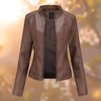 Dark brown women's 3XL leather moto jacket featuring a slim fit design with a stylish collar and sleeves, crafted from natural materials for a lightweight and fashionable outerwear piece.