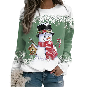 Women's green 3XL Christmas sweatshirt featuring a snowman design with festive snowflakes, long sleeves, and a cozy, pullover style.