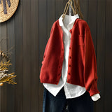 Red women's soft knit cardigan sweater in 3XL size, displayed on a clothes hanger. The sweater features long sleeves, a collar, and a fashionable design, ideal for outerwear.