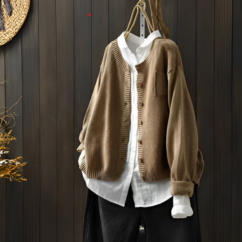 Beige women's soft knit cardigan sweater in size 3XL displayed on a mannequin, featuring long sleeves and a collar, with a fashion design suitable for casual or formal wear.